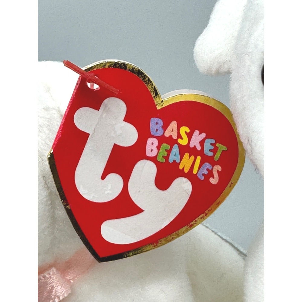 Ty Basket Beanies‎ Lullaby Lamb Plush Easter White Pink Ribbon 2003 Set of 2 - Picture 2 of 8